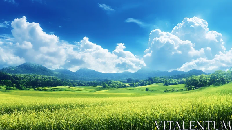 Layered rural fields under cumulus clouds and low hills.