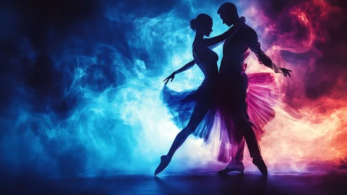 Ballet duet silhouettes in dual chromatic nebula lighting.