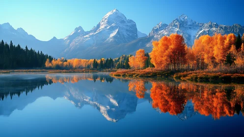 Golden autumn trees by calm mountain lake at sunrise.