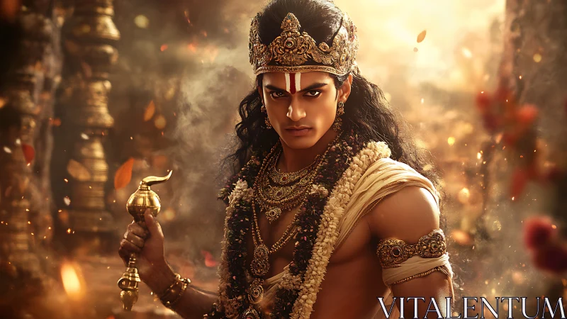 Regal warrior prince stands in golden temple light with grace
