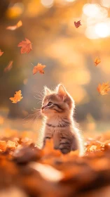 Autumn Kitten Discovers Falling Leaves in Golden Hour Light