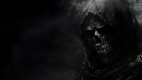 Hooded skeletal reaper rendered in high-contrast digital chiaroscuro