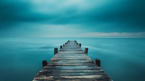 Weathered wooden pier leading into calm cyan horizon.