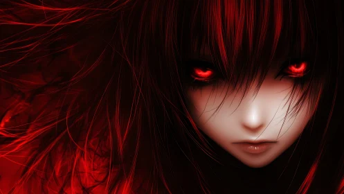 Dark anime girl glares forward with burning red eyes