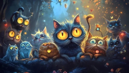 Magical Cats with Glowing Eyes in Enchanted Forest.
