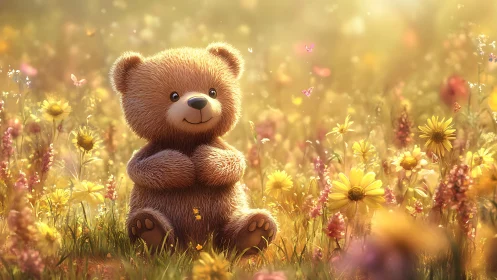 Cute teddy bear sitting in bright wildflower meadow scene.