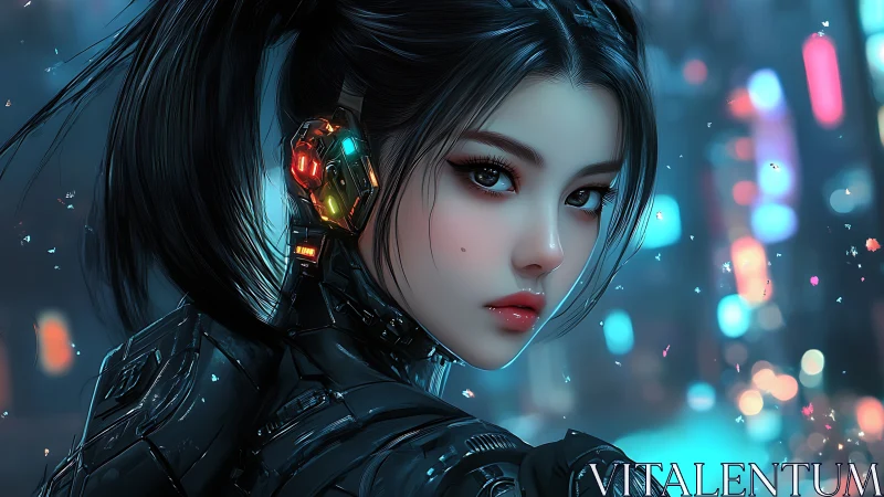 Cybernetic woman in neon cityscape turns with focused gaze