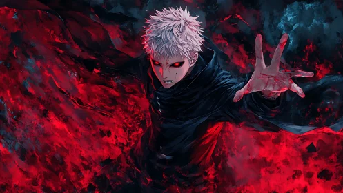 Fierce white haired sorcerer rising from swirling red power.