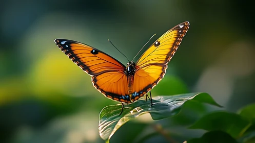 Butterfly rests on leaf with symmetric orange wing display
