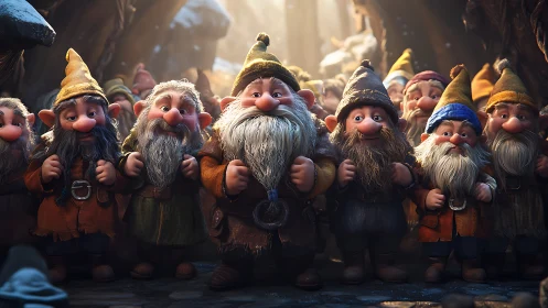Group of cartoon gnomes stands together in warm daylight