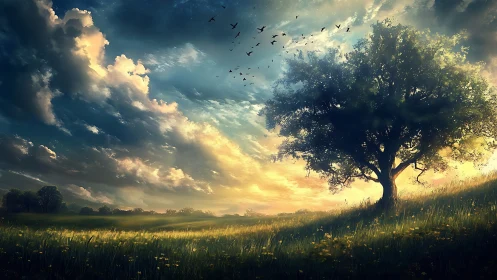 Solitary tree on sunlit meadow under dramatic sky.