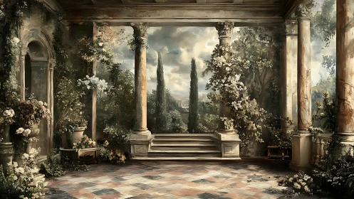 Classical garden terrace with columns and distant cypresses.