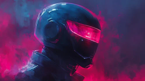 Neon cybernetic helmet glows through magenta vapor haze.