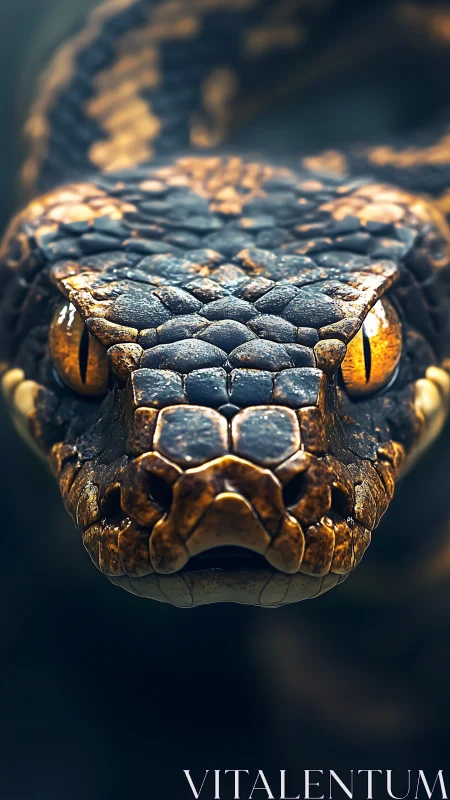 Close frontal view of patterned snake head in soft focus.
