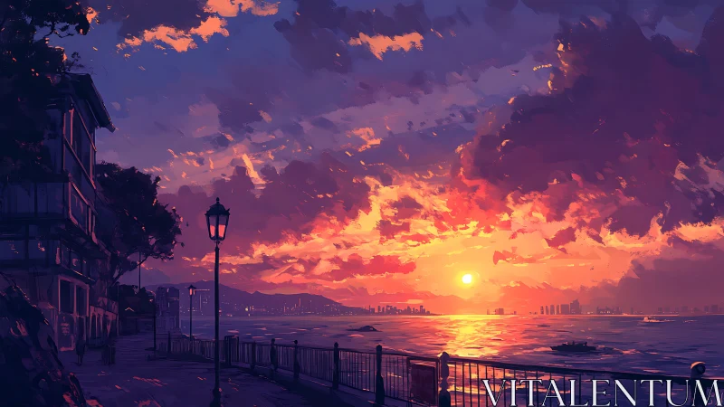 Coastal promenade sunset with saturated atmospheric perspective