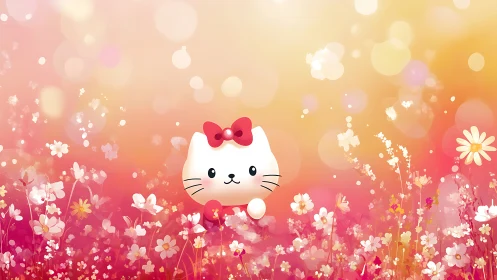 Cartoon white cat character in stylized pink flower field.
