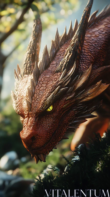 Woodland ember dragon spying through sunlit leaves.