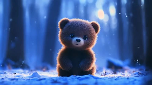 Digital bear cub model in a snowy blue forest setting.