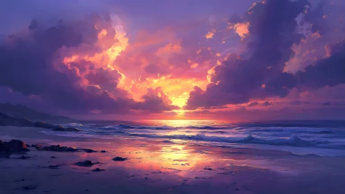 Radiant sunset illuminates cloud-dense shoreline in digital painting