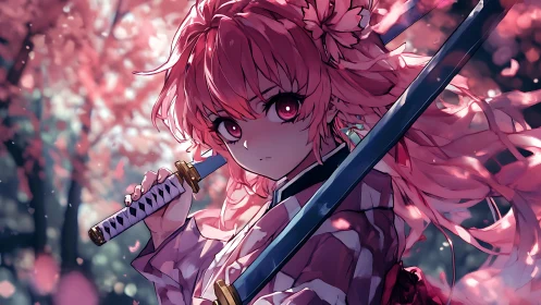 Pink haired anime swordswoman in a dreamy sakura forest.