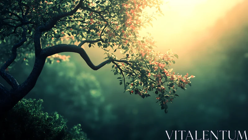 Serene flowering tree branch in soft morning sunlight, painterly style.