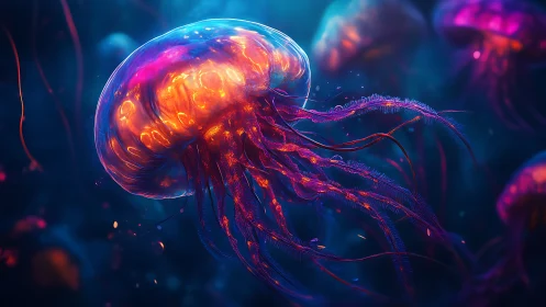 Bioluminescent jellyfish rendered in vivid digital detail.