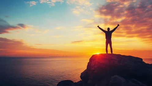 Silhouetted figure stands on coastal cliff against saturated sunset