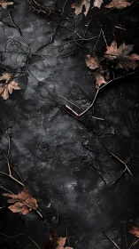 Dried maple leaves and tangled twigs on textured dark slate