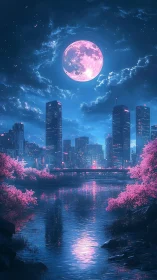 Neon lit city skyline under large pink full moon reflection