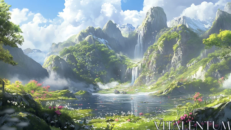 Sunlit alpine valley renders cascading waterfalls and lake