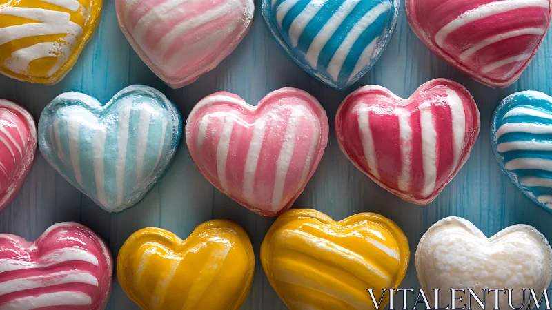 Striped Hard Candy Hearts with Lustrous Gloss Coating on Blue Wooden Surface