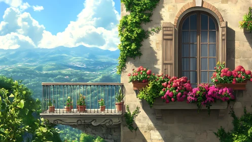 Digital painting of floral terrace balcony and mountain vista.