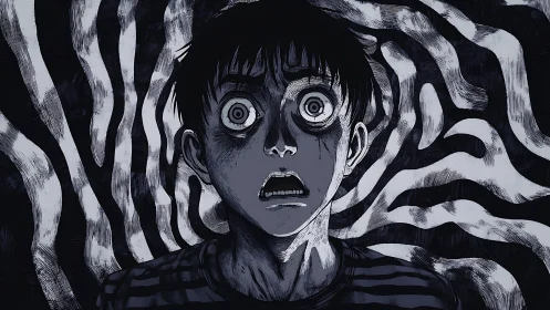 Terrified boy with bulging eyes in warped monochrome scene.