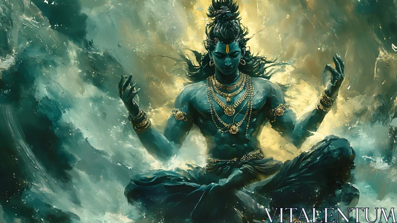 Divine blue ascetic levitates amid turbulent luminous waters