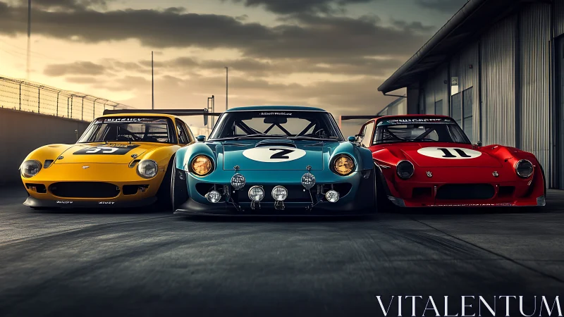 Colorful classic race cars lined up under a soft sunset glow.