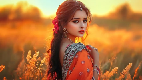 Portrait of woman in orange sari at golden sunset field.