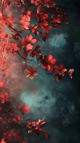 Crimson Blooms Dance Through Teal Twilight