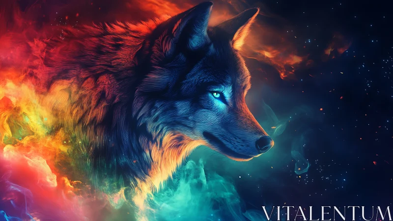 Wolf head in vibrant cosmic nebula with glowing colors.
