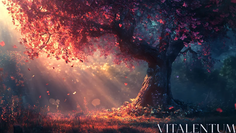Luminous fantasy tree glows under shafted evening light