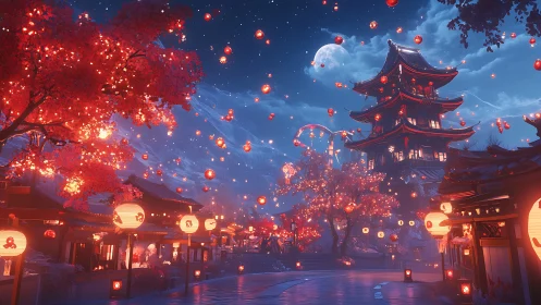 Digital painting of lantern-lit pagoda festival at nightscape.