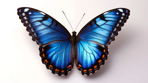 Iridescent blue butterfly quietly unfolds a mirrored sky