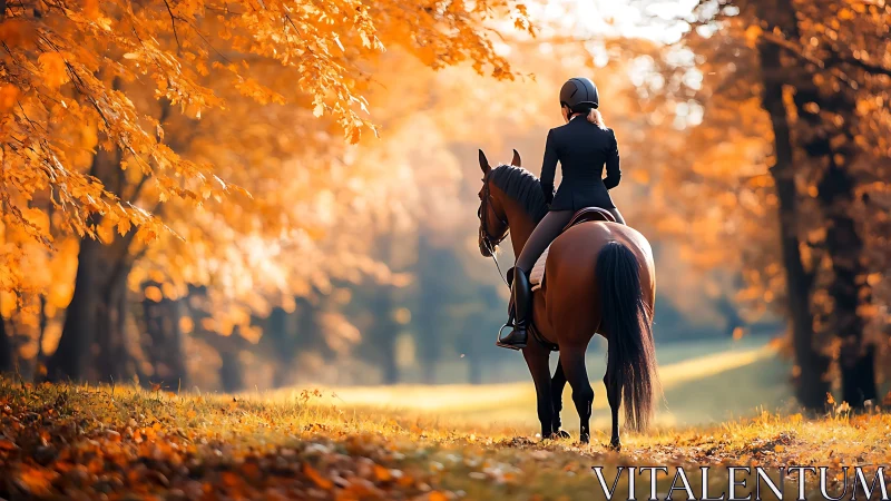 Equestrian silhouette traversing luminous autumn corridor.