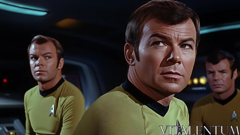 Starship officers in gold uniforms on dim command bridge.