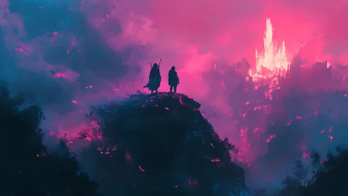 Fantasy travelers overlooking luminous citadel in neon fog.