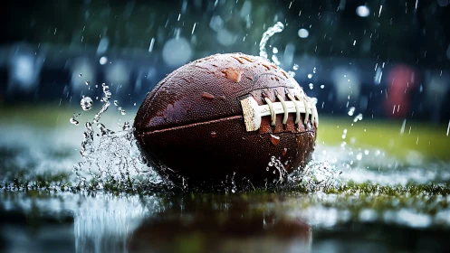 Rain-soaked football rests on wet turf under dramatic downpour