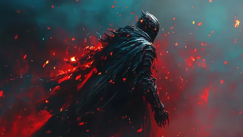 Armored dark knight strides through incandescent embers and smoke