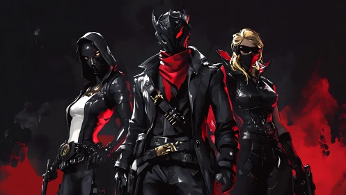 Masked vigilante trio stands in dramatic red backlight