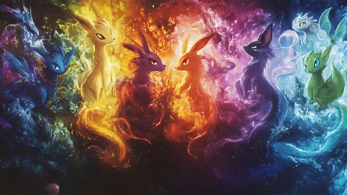 Elemental nebula fox spirits form chromatic cosmic circle