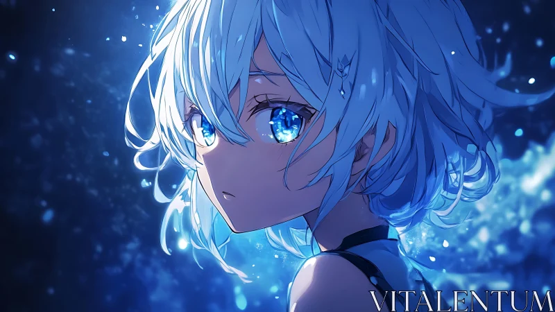 Anime portrait with luminous blue bokeh and side profile focus.