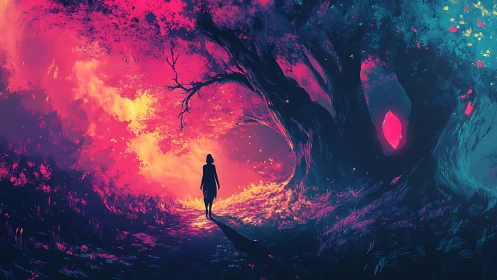 Solitary figure crossing neon-lit enchanted forest path.